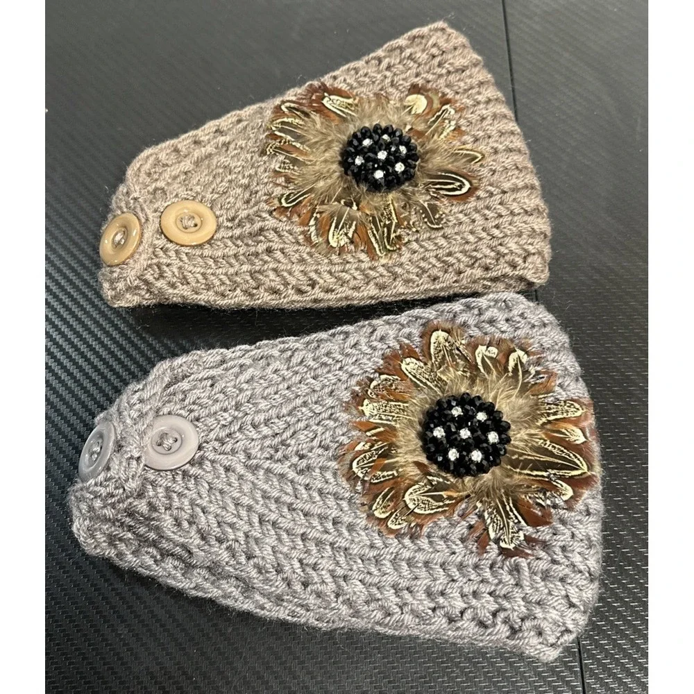 Crochet Headband One Size Ear Warmer Grey & Brown Fall Winter Handmade Lot Of 2